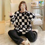 乔铭馨品甜美格子睡衣女长袖长裤冬季长毛绒宽松大码胖mm家居服套装 YQM-2605#黑格 两件套 M (推荐90-110斤）
