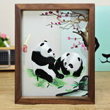 老秀馆蜀绣熊猫伴手礼双面刺绣摆件工艺品中国特色礼物送老外文创纪念品 胡桃木外框-梅花熊猫