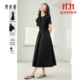 梵希蔓简约通勤黑色短袖连衣裙女2025年夏季新款收腰显瘦小黑裙子 M6986 黑色 L