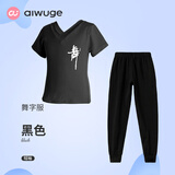 艾舞戈儿童舞蹈服上衣秋冬练功服舞字套装黑色女童v领T恤长袖男孩萝卜裤 黑色-短袖+长裤 150 码 (身高145-155cm)