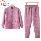 北极绒中老年三层夹棉套装女士纯棉保暖内衣加厚加棉居家服秋冬棉袄棉裤 香芋紫（印花夹棉套装） 3XL （建议140-160斤）