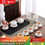 金镶玉功夫茶具整套装陶白瓷家用泡茶盖碗高端送人礼盒 羊脂玉金亭山水