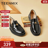 天美意小皮鞋单鞋商场同款简约复古乐福鞋女鞋新款CXC12CA4 黑色 38
