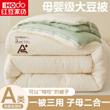 红豆家纺大豆纤维子母被被子被芯冬被二合一拉链款加厚保暖秋冬被冬季棉被 米黄＋水绿【7A抗菌大豆棉 轻盈贴身 柔软触感】 200x230cm子母被【子被约4斤+母被约6斤】