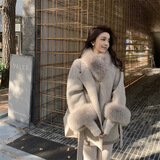 傲列气质斗篷感毛呢外套女狐狸毛领25秋冬新款双面羊绒大衣中长款 燕麦咖(围脖＋袖口毛) S