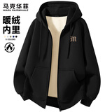 马克华菲加绒开衫卫衣外套男士秋冬季重磅连帽加厚款拉链上衣服 黑色 XL
