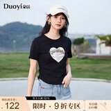朵以（Duoyi）2025夏季新款美式复古印花T恤修身百搭抽褶收腰小个子短款上衣女 黑色 S