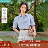 茵曼（INMAN）【纯棉】百搭压褶刺绣翻领衬衫女装2025夏季新款泡泡袖衬衣上衣 浅蓝色 L