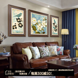 客厅装饰画沙发背景墙画田园美式乡村新中式壁画玄关走廊挂画过道入户大气三联花卉有框画 美式经典木框（复式装裱+高透有机玻璃） 适合三人座沙发|两侧40X80-中间80X80cm
