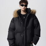 埖煦PU皮可拆卸毛领羽绒棉服男面包服棉衣加厚短款棉袄冬季保暖外套男 黑色 XL