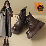 ZHR马丁靴女经典厚底增高短靴子女复古圆头加绒保暖女靴 JF95A棕色37