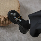 铂呐苓厚底乐福鞋女秋冬季一脚蹬女鞋英伦风法式小皮鞋单鞋黑色工作鞋 马衔扣单鞋 37