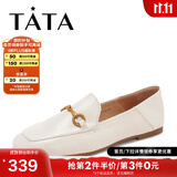 他她（TATA）方头乐福鞋女休闲平底一脚蹬小皮鞋女单鞋春秋款FLC22AM4 米色 34