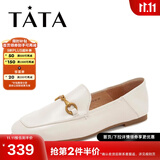 他她（TATA）方头乐福鞋女休闲平底一脚蹬小皮鞋女单鞋春秋款FLC22AM4 米色 34