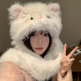 趣木也猫咪毛绒帽子冬天高颜值加绒加厚可爱保暖户外护耳防寒毛茸茸帽 可爱奶油小猫咪帽子围巾一体