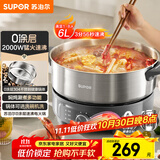 苏泊尔（SUPOR）0涂层不锈钢电火锅 分体电煮锅 火锅专用锅 家用多功能电热锅 6L涮肉锅H60YK182
