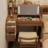 乐系（LEXI） 梳妆台卧室化妆桌简约小户型翻盖收纳一体北欧风实木化妆台 带灯+实木梳妆台80/无椅-胡桃色