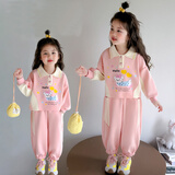 七语欣童装女童卡通套装春秋季儿童套装新款洋气女孩宝宝卫衣裤子两件套 粉小狗套装 100 (适合身高90-100cm)