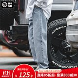 马登工装美式复古水洗丹宁牛仔裤直筒宽松阔腿裤日系休闲长裤子男秋 浅蓝 34