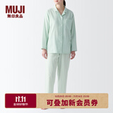 无印良品（MUJI） 女式 无侧缝双层纱织睡衣女士家居服春秋纯棉条纹格纹长袖 女款 淡绿色条纹 M (上装160/84A下装160/66A)