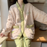 依善屋舍珊瑚绒睡衣女加厚加绒秋冬季新款韩版冬天女士保暖开衫家居服套装 KMN6086 XL 码建议125-140斤