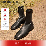 CHARLES&KEITH复古方头拉链低跟时装靴短靴踝靴子女靴生日礼物CK1-90900090 Black黑色 36