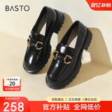 百思图乐福鞋女商场同款羊皮革厚底松糕鞋女士休闲皮鞋TFW29CA2 黑色 38