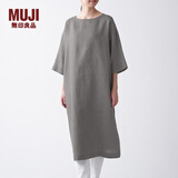 无印良品 MUJI 女式 法国亚麻水洗 七分袖连衣裙 412688 BCL06C1S 卡其米色 M
