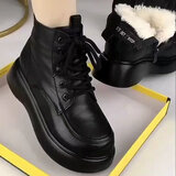 皮毛一体马丁靴女秋冬新款松糕轻便短靴软皮软底女士棉鞋妈妈棉靴 黑色加绒 37