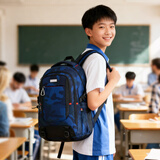 Edison初中生书包大容量双肩包多隔层防泼水高中学生背包 K052-19迷彩蓝