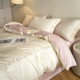 乐全长绒棉四件套全棉纯棉2025新款轻奢裸睡亲肤床单被套南通床上用品 拼色-奶昔白+粉 1.5米 床笠款 四件套适合200*230被芯