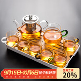 瓷牌茗茶具（cipaiming teaset） 透明玻璃茶具整套套装家用功夫茶壶茶杯会客泡茶器 透明八骏6彩杯+绿柄公杯+小长方