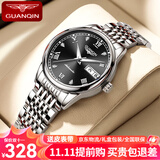 冠琴（GUANQIN）瑞士认证手表女全自动机械表女士手表防水夜光女表生日礼物送女友 钢带本色黑面【礼盒套装+手镯】