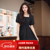 FOURDATRY法式连衣裙女夏季2025新款复古过膝收腰显瘦长裙子韩系穿搭 黑色 XL 建议 120-135斤