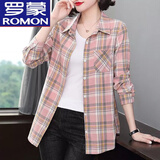 罗蒙（ROMON）纯棉格子衬衫女装春秋新款妈吗洋气长袖上衣外套大尺码中长款衬衣 粉色格纹 M 【建议85-105斤】
