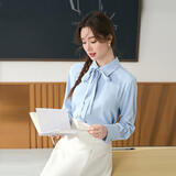 伯德小姐蓝色衬衫女小个子穿搭蝴蝶结衬衣职业大学生面试正装通勤上衣