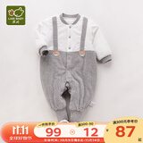 拉比婴儿衣服连体衣秋冬男童女加厚保暖哈衣连帽夹棉宝宝爬服金貂绒 全开灰色 59cm