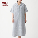 无印良品 MUJI 女式 法国亚麻水洗 五分袖开襟连衣裙 BCL08C0S 米白色X条纹 M-L