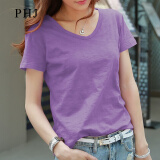 PHJ 纯色t恤女短袖夏季新款套头显瘦竹节棉半袖体恤衫时尚V领上衣 浅紫 XL