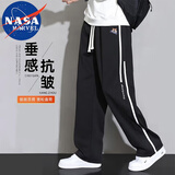 NASA MARVEL休闲裤男春秋季宽松美式潮流侧边条纹运动裤子 黑色 XL