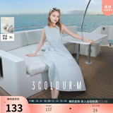 三彩2025夏季新款无袖连衣裙收腰花苞裙长裙圆领背心裙侘寂风M 天空蓝 M 160/84A