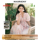 MAXRIENY海棠花真丝连衣裙v领浪漫茶歇裙女 粉花（珍珠链大小以实物为准） M 02