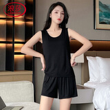 浪莎睡衣女薄款背心无袖短裤家居服套装宽松大码休闲可外穿 黑色