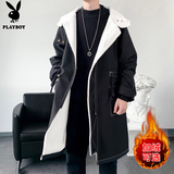 花花公子（PLAYBOY）风衣男中长款秋冬季新款加绒加厚保暖潮流大衣外套男士连帽宽松男 Z-401HHF262黑色 不加绒 M