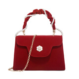 暄琰结婚包女山茶花丝绒手提包新娘包包七夕高级感婚包结婚婚庆手提包 喜庆丝绒手提包【带珍珠链条】