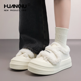 环球加绒魔术贴板鞋女2026冬季羊羔毛棉鞋保暖休闲厚底面包鞋 米色【魔术贴】 37