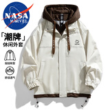 NASA MARVEL夹克男春秋季连帽假两件透气时尚防风宽松情侣装 米白色 XL