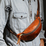 ANDSEEYOU品牌 手工真皮胸包男 头层牛皮腰包休闲迷你小背包运动斜挎手机包 黄棕色