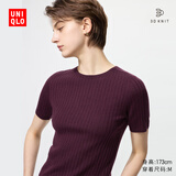 优衣库女装3D精纺美利奴羊毛罗纹圆领针织衫/5分袖480188 18 暗红色 XL /165/92A