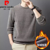 皮尔卡丹秋冬长袖T恤男士雪尼尔绒卫衣加绒加厚毛衣一体绒圆领衫保暖上衣 咖色 XL (175) 建议130-145斤